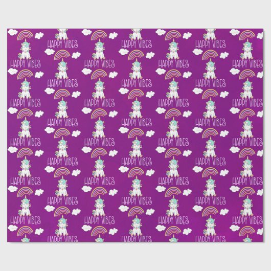 Happy Vibes Typography Cute Smiling Unicorn Cadeaupapier (Vlak)