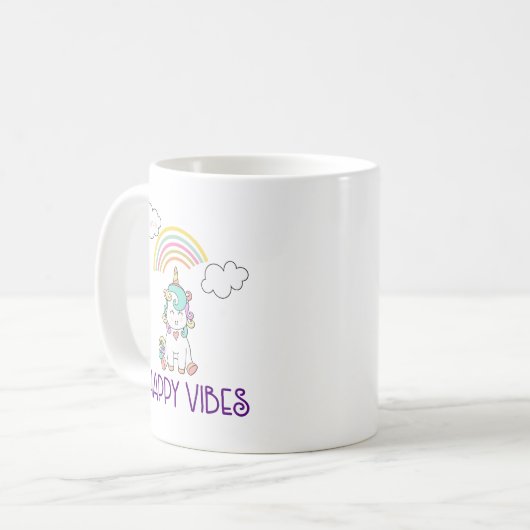 Happy Vibes Typography Cute Smiling Unicorn Koffiemok (Voorkant links)