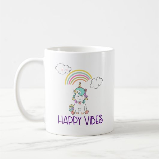 Happy Vibes Typography Cute Smiling Unicorn Koffiemok (Links)