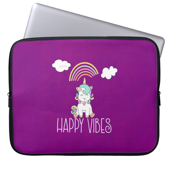 Happy Vibes Typography Cute Smiling Unicorn Laptop Sleeve (Voorkant)