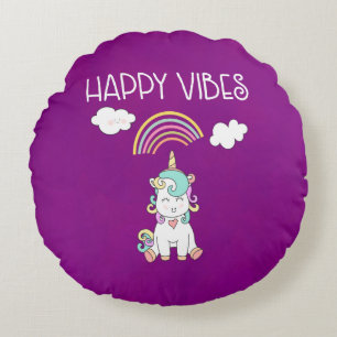 Happy Vibes Typography Cute Smiling Unicorn Rond Kussen