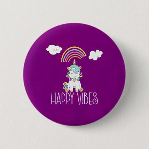 Happy Vibes Typography Cute Smiling Unicorn Ronde Button 5,7 Cm