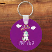 Happy Vibes Typography Cute Smiling Unicorn Sleutelhanger (Voorkant)