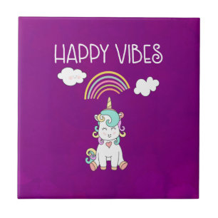 Happy Vibes Typography Cute Smiling Unicorn Tegeltje