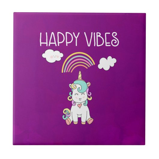 Happy Vibes Typography Cute Smiling Unicorn Tegeltje (Voorkant)
