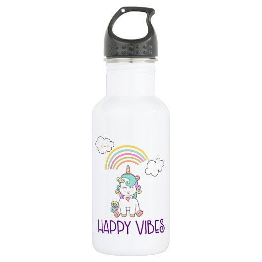 Happy Vibes Typography Cute Smiling Unicorn Waterfles (Voorkant)