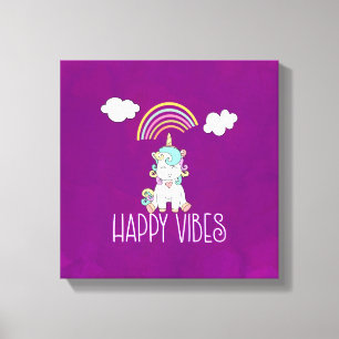 Happy Vibes Typography Geweldige Rainbow & Unicorn Canvas Afdruk