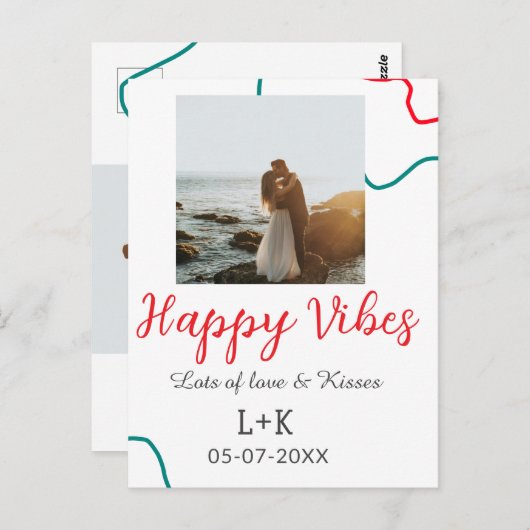 Happy Vibes vakantie paar naam datum bruiloft rood Briefkaart (Voorkant / Achterkant)