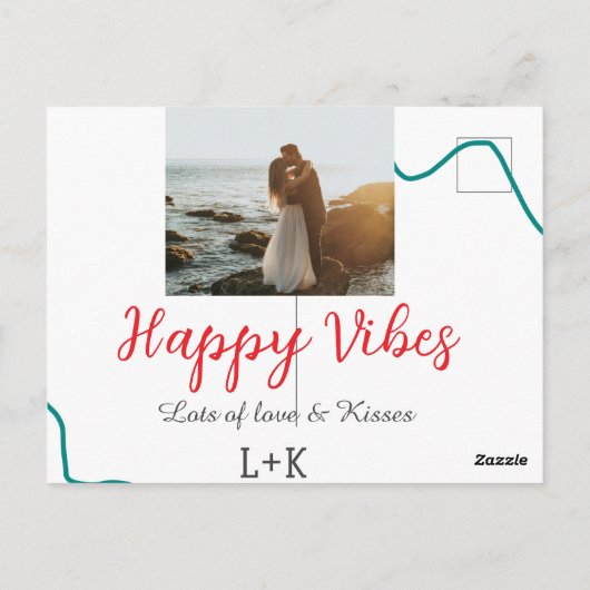 Happy Vibes vakantie paar naam datum bruiloft rood Briefkaart (Achterkant)