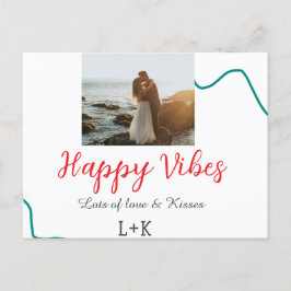 Happy Vibes vakantie paar naam datum bruiloft rood Feestdagenkaart