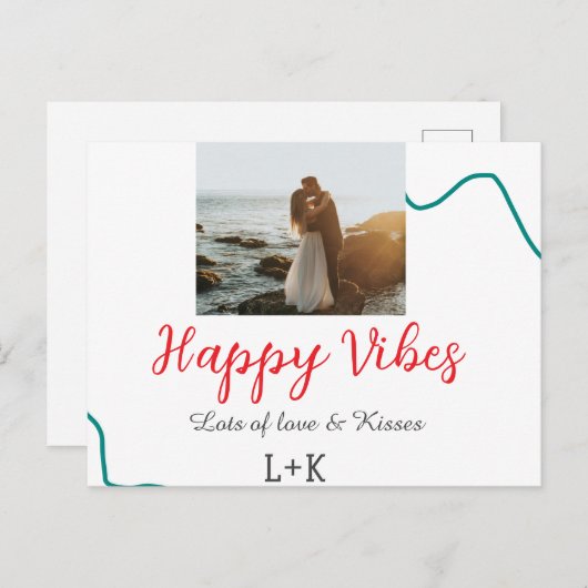 Happy Vibes vakantie paar naam datum bruiloft rood Feestdagenkaart (Voorkant / Achterkant)