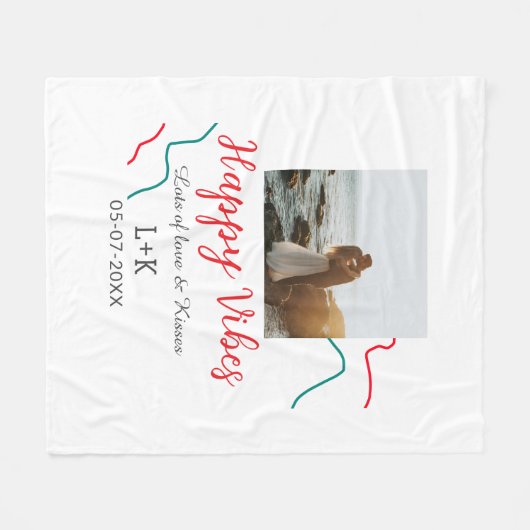 Happy Vibes vakantie paar naam datum bruiloft rood Fleece Deken (Voorkant (Horizontaal))