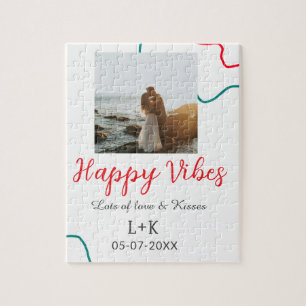 Happy Vibes vakantie paar naam datum bruiloft rood Legpuzzel
