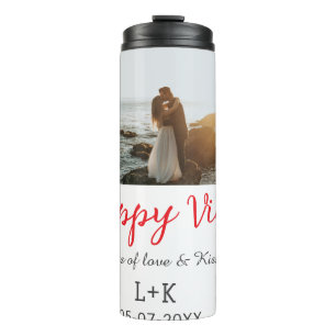 Happy Vibes vakantie paar naam datum bruiloft rood Thermosbeker