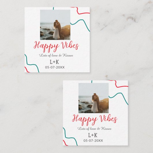 Happy Vibes vakantie paar naam datum bruiloft rood Vierkante Visitekaartje (Voorkant / Achterkant)