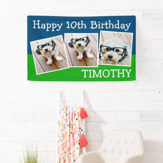 Happy Virtual Birthday 3-foto's - blauw groen Spandoek (Insitu)