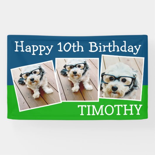 Happy Virtual Birthday 3-foto's - blauw groen Spandoek (Horizontaal)