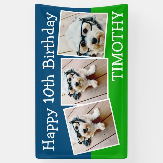 Happy Virtual Birthday 3-foto's - blauw groen Spandoek (Verticaal)