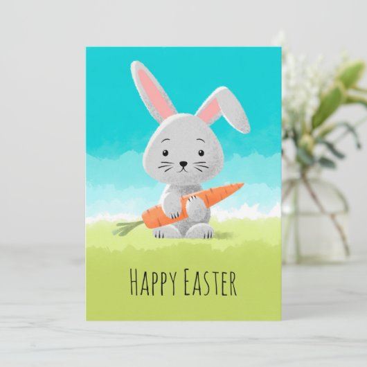 Happy Waterverf Cute Bunny Carrot Feestdagenkaart (Staand voorkant)