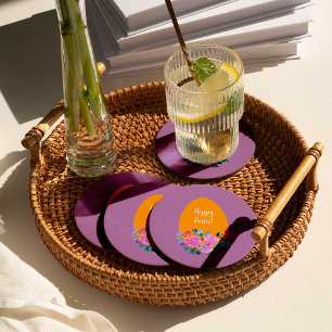 Happy waterverf floral egg ronde kartonnen onderzetter