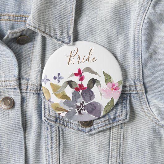 Happy Waterverf Florals Wedding Bride Ronde Button 4,0 Cm (In situ)