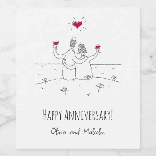 Happy Wedding Couple Jubileum Red Heart Wijn Etiket (Enkel label)
