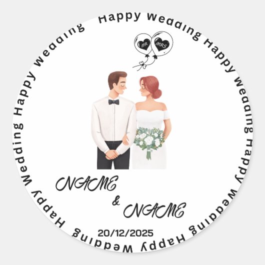 Happy Wedding Custom Naam Ronde Sticker (Voorkant)