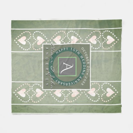 "Happy Wedding Jubileum"Grijs Monogram w/Hearts Fleece Deken