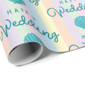 Happy Wedding Text Blue Seashell Colorful Rainbow Cadeaupapier (Rol Hoek)