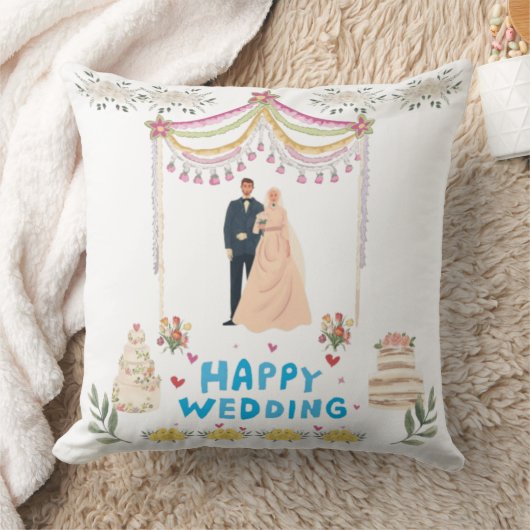Happy Wedding Throw Pillow – White Background  Kussen (Deken)