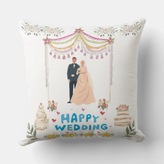 Happy Wedding Throw Pillow – White Background  Kussen (Achterkant)