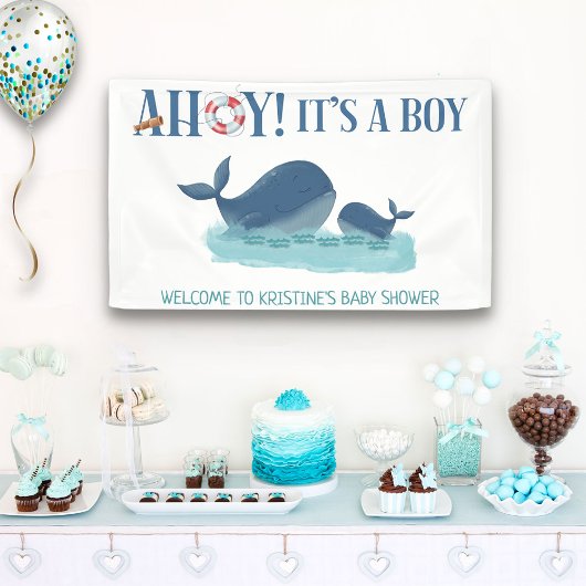Happy Whale Ahoy Het is een Jongen Baby shower Spandoek