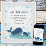 Happy Whale Late Night Diaper Baby shower Game Poster<br><div class="desc">Fijne baby shower voor het Late Night Diaper Game. Het ontwerp bevat een mammie en baby walvis die in het zee zwemt met een lijst zeepbellen. Het is geletterd in witte typografie met bewerkbare spelinstructies en een kleurenpalet in tinten blauw, aqua en oceaangroen. Als u van passende producten zou willen,...</div>