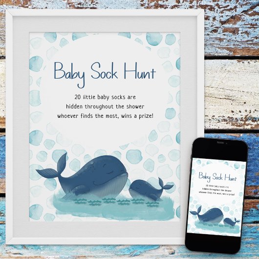 Happy Whale Sock Hunt Baby shower Game Poster