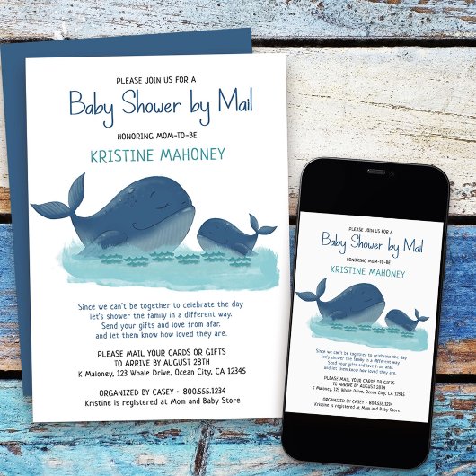 Happy Whale Waterverf Boy Baby shower per Mail Kaart