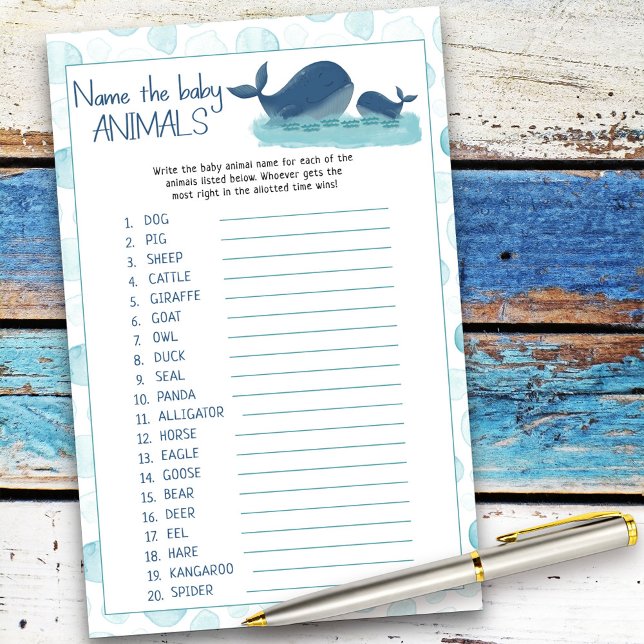 Happy Whales Baby Animals Baby shower Quiz Game (Baby Shower game card from my Happy Whale collection. Message if you need different items.)