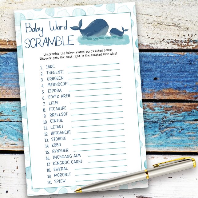 Happy Whales Baby Word Scramble Baby shower Game (Baby Shower game card from my Happy Whale collection. Message if you need different items.)