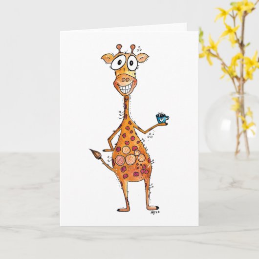 Happy Whimsical-Giraffe Drink koffie Kaart (Gele Bloem)