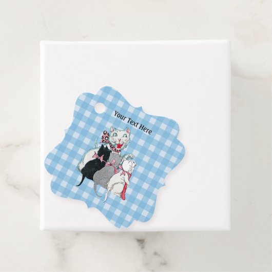 Happy White Moeder Cat met drie Kittens geplakt Bedankjes Labels (In situ)