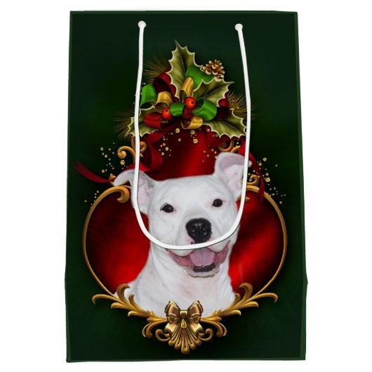 Happy white pitbull Kerstmis Medium Cadeauzakje (Achterkant)