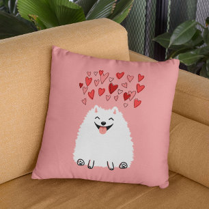Happy White Pomeranian Dog met roze harten Kussen