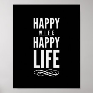 Happy Wife Happy Life Quote Print Black en White