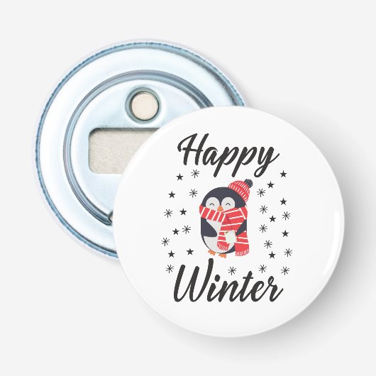 Happy Winter, Cute Penguin Button Flesopener (Voorkant)