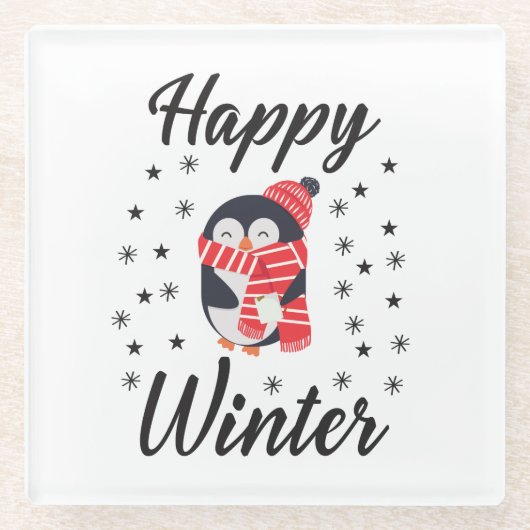 Happy Winter, Cute Penguin Glazen Onderzetter (Voorkant)