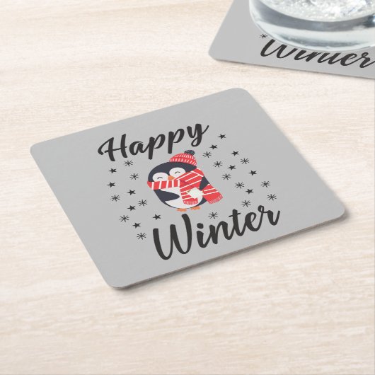 Happy Winter, Cute Penguin Kartonnen Onderzetters (Schuin)