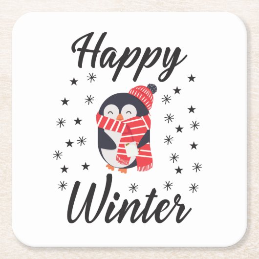 Happy Winter, Cute Penguin Kartonnen Onderzetters (Voorkant)