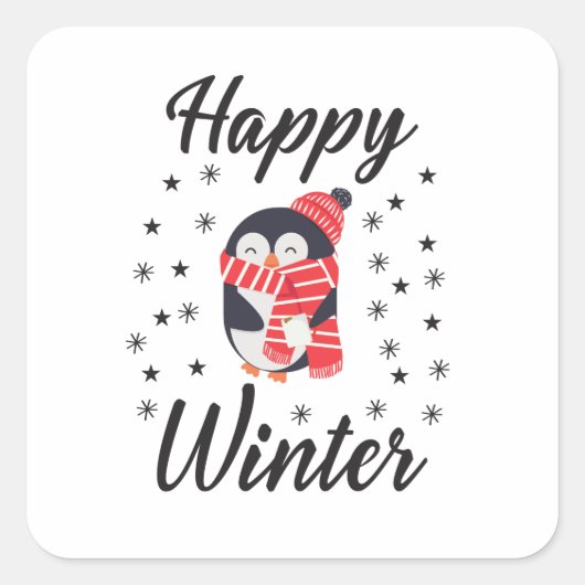 Happy Winter, Cute Penguin Vierkante Sticker (Voorkant)