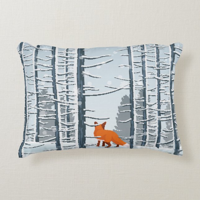 Happy Winter met boslandschap en vossendier Accent Kussen (Voorkant)