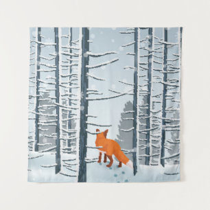 Happy Winter met boslandschap en vossendier Wandkleed