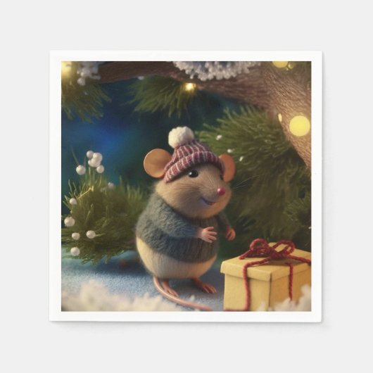 Happy Winter Mouse met cadeau Paper Borden Servet (Voorkant)